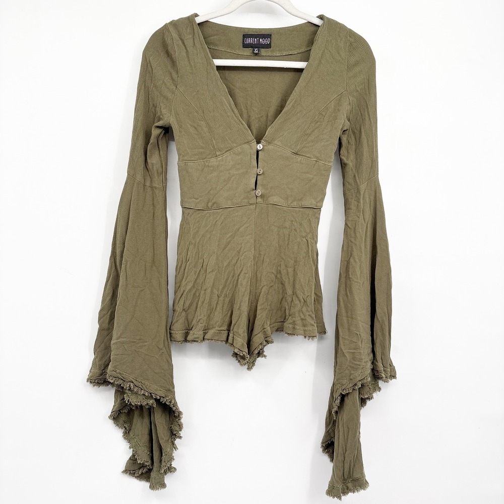 Current Mood Dolls Kill Womens Olive Green Bell Sleeve Fairycore Boho Romper XS